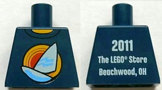 Torso Shirt with White Sailboat over Red Concentric Circles Sun, Yellow Neck, '2011 The LEGO Store Beachwood, OH' on Back Pattern