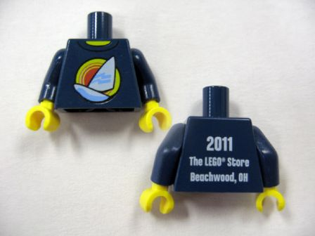 Torso Shirt with White Sailboat over Red Concentric Circles Sun, Yellow Neck, '2011 The LEGO Store Beachwood, OH' on Back Pattern / Dark Blue Arms / Yellow Hands