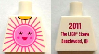 Torso Shirt with Bright Pink and Dark Pink Sun with Face with Red Open Mouth Smile, Yellow Neck, '2011 The LEGO Store Beachwood, OH' on Back Pattern