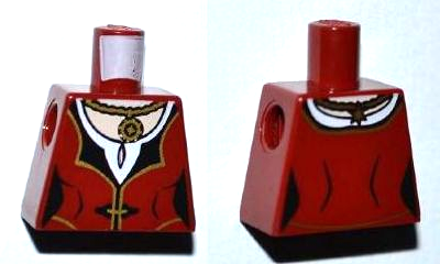 Torso Female Dress with Black Collar and Gold Trim over White Shirt, Medallion Pendant Necklace, Light Nougat Neck Pattern