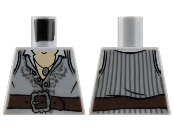 Torso Vest Partially Open with Silver Buttons and Dark Bluish Gray Embroidery and Pinstripes over White Shirt, Dark Brown Belt with Buckle, Pendant Necklace, Light Nougat Chest Pattern