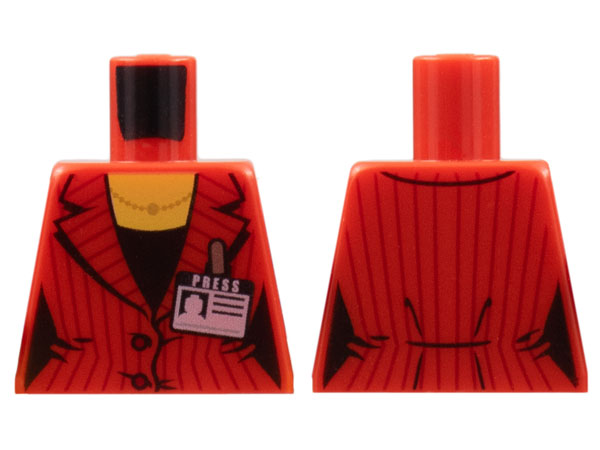 Torso Female Suit Jacket with Pinstripes and Buttons, Gold Necklace, Black Shirt, and Press Pass Badge Pattern