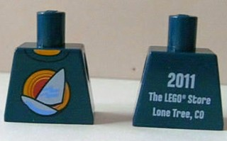 Torso Shirt with White Sailboat over Red Concentric Circles Sun, Yellow Neck, '2011 The LEGO Store Lone Tree, CO' on Back Pattern