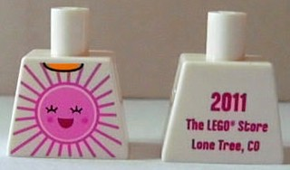 Torso Shirt with Bright Pink and Dark Pink Sun with Face with Red Open Mouth Smile, Yellow Neck, '2011 The LEGO Store Lone Tree, CO' on Back Pattern