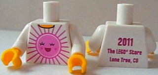 Torso Shirt with Bright Pink and Dark Pink Sun with Face with Red Open Mouth Smile, Yellow Neck, '2011 The LEGO Store Lone Tree, CO' on Back Pattern / White Arms / Yellow Hands