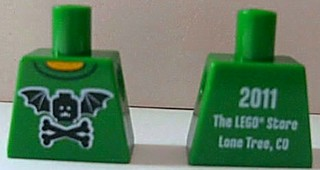 Torso Black Bat Minifigure Head with Wings and Crossbones, Yellow Neck, '2011 The LEGO Store Lone Tree, CO' on Back Pattern
