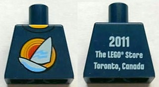 Torso Shirt with White Sailboat over Red Concentric Circles Sun, Yellow Neck, '2011 The LEGO Store Toronto, Canada' on Back Pattern