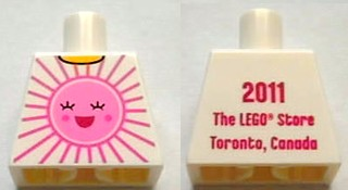 Torso Shirt with Bright Pink and Dark Pink Sun with Face with Red Open Mouth Smile, Yellow Neck, '2011 The LEGO Store Toronto, Canada' on Back Pattern