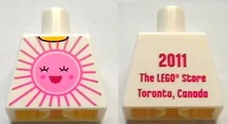 Torso Shirt with Bright Pink and Dark Pink Sun with Face with Red Open Mouth Smile, Yellow Neck, '2011 The LEGO Store Toronto, Canada' on Back Pattern