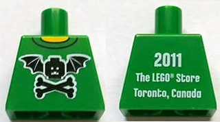Torso Black Bat Minifigure Head with Wings and Crossbones, Yellow Neck, '2011 The LEGO Store Toronto, Canada' on Back Pattern
