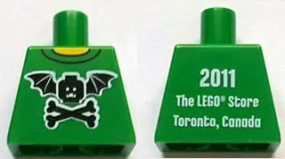 Torso Black Bat Minifigure Head with Wings and Crossbones, Yellow Neck, '2011 The LEGO Store Toronto, Canada' on Back Pattern