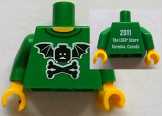 Torso Black Bat Minifigure Head with Wings and Crossbones, Yellow Neck, '2011 The LEGO Store Toronto, Canada' on Back Pattern / Green Arms / Yellow Hands