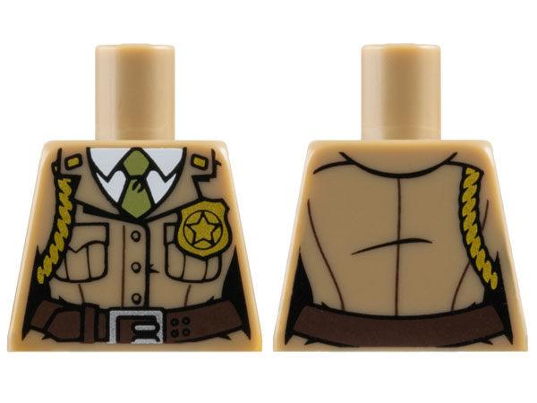 Torso Female Police Uniform Jacket with Buttons and Pockets over White Shirt and Olive Green Tie, Dark Brown Belt with Silver Buckle, Gold Star Badge and Braid Pattern