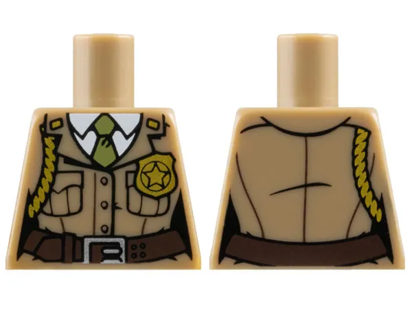 Torso Female Police Uniform Jacket with Buttons and Pockets over White Shirt and Olive Green Tie, Dark Brown Belt with Silver Buckle, Gold Star Badge and Braid Pattern