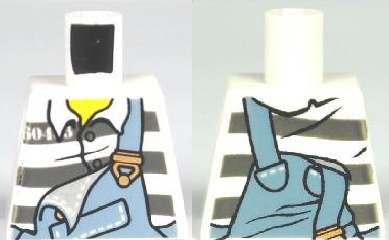 Torso Sand Blue Overalls with Copper Buckles over Prison Uniform Shirt with Buttons and Dark Bluish Gray Stripes, Yellow Neck Pattern