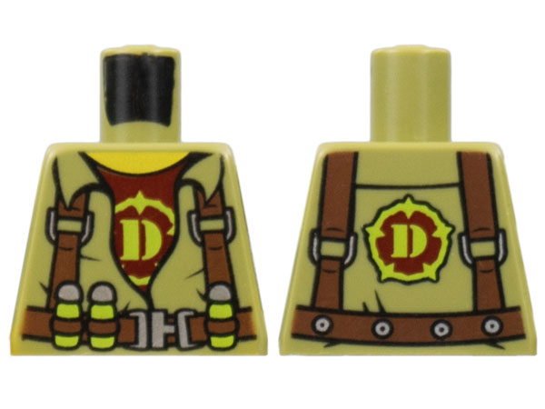 Torso Dino Shirt with Reddish Brown Harness, Silver Buckle, and Dark Red Undershirt with Lime Capital Letter D Pattern