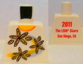 Torso Shirt with Orange Collar and 3 Flowers over Yellow and Silver Curved Stripes, '2011 The LEGO Store San Diego, CA' on Back Pattern