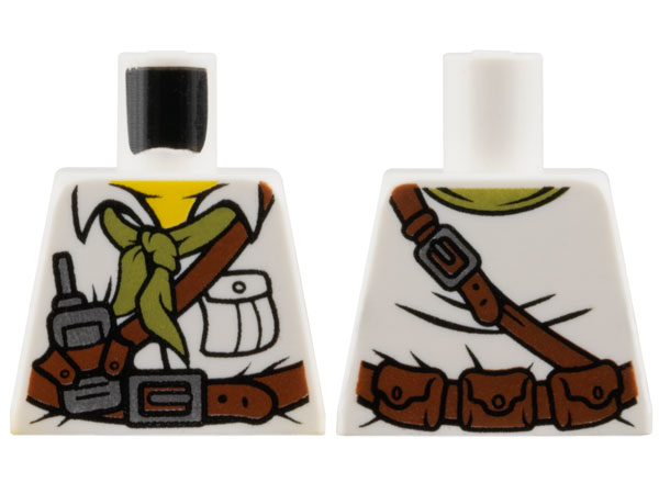 Torso Shirt with Pocket, Olive Green Scarf, Reddish Brown Belt and Strap with Silver Buckle, Radio, Yellow Neck, Pouches on Back Pattern