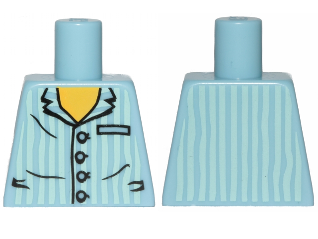 Torso Pajamas Shirt with Buttons, Pocket, and Vertical Light Aqua Stripes, Yellow Neck Pattern