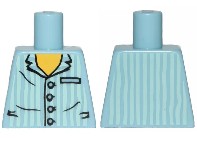 Torso Pajamas Shirt with Buttons, Pocket, and Vertical Light Aqua Stripes, Yellow Neck Pattern