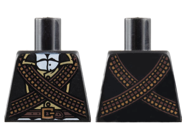 Torso Jacket Open with Dark Tan Trim over Vest with Buttons and White Shirt, Dark Brown Belt with Copper Buckle, Crossed Ammo Belts with Bullets Pattern