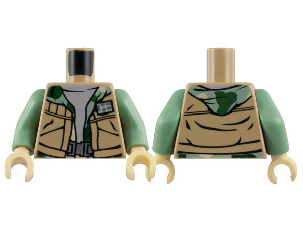 Torso SW Vest Open over Camouflage Hoodie and Light Bluish Gray Shirt, Dark Bluish Gray Belt Buckle Pattern / Sand Green Arms / Tan Hands