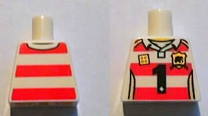 Torso Rugby Uniform Shirt with Red Stripes, Black Number 1, Gold 2 x 2 Brick Logo, Shield Emblem, Shoulders and Side Panels, Yellow Neck Pattern
