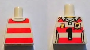 Torso Rugby Uniform Shirt with Red Stripes, Black Number 1, Gold 2 x 2 Brick Logo, Shield Emblem, Shoulders and Side Panels, Yellow Neck Pattern