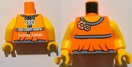 Torso Halter Top with Medium Blue Trim and Flowers, Yellow Neck, '2011 The LEGO Store Toronto, Canada' on Back Pattern / Yellow Arms / Yellow Hands