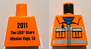 Torso Construction Uniform Shirt with Pockets and Silver Zipper and Reflective Stripes over Blue Sweater, '2011 The LEGO Store Mission Viejo, CA' on Back Pattern