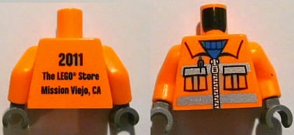 Torso Construction Uniform Shirt with Pockets and Silver Zipper and Reflective Stripes over Blue Sweater, '2011 The LEGO Store Mission Viejo, CA' on Back Pattern / Orange Arms / Dark Bluish Gray Hands