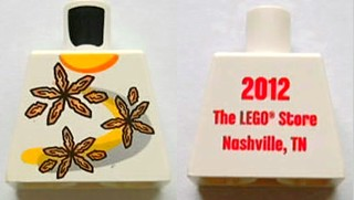 Torso Shirt with Orange Collar and 3 Flowers over Yellow and Silver Curved Stripes, '2012 The LEGO Store Nashville, TN' on Back Pattern