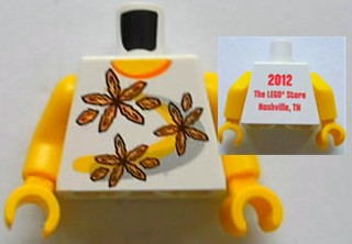 Torso Shirt with Orange Collar and 3 Flowers over Yellow and Silver Curved Stripes, '2012 The LEGO Store Nashville, TN' on Back Pattern / Yellow Arms / Yellow Hands