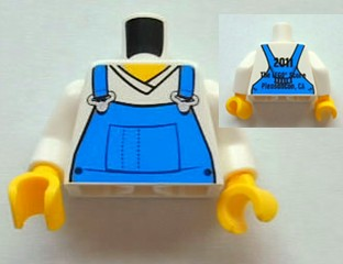 Torso V-Neck Shirt with Blue Overalls Front, 2011 The LEGO Store Pleasanton, CA Back Pattern / White Arms / Yellow Hands