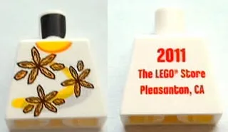 Torso Shirt with Orange Collar and 3 Flowers over Yellow and Silver Curved Stripes, '2011 The LEGO Store Pleasanton, CA' on Back Pattern