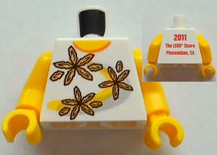 Torso Shirt with Orange Collar and 3 Flowers over Yellow and Silver Curved Stripes, '2011 The LEGO Store Pleasanton, CA' on Back Pattern / Yellow Arms / Yellow Hands