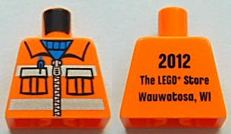 Torso Construction Uniform Shirt with Pockets and Silver Zipper and Reflective Stripes over Blue Sweater, '2012 The LEGO Store Wauwatosa, WI' on Back Pattern