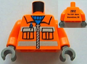 Torso Construction Uniform Shirt with Pockets and Silver Zipper and Reflective Stripes over Blue Sweater, '2012 The LEGO Store Wauwatosa, WI' on Back Pattern / Orange Arms / Dark Bluish Gray Hands
