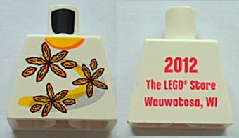 Torso Shirt with Orange Collar and 3 Flowers over Yellow and Silver Curved Stripes, '2012 The LEGO Store Wauwatosa, WI' on Back Pattern