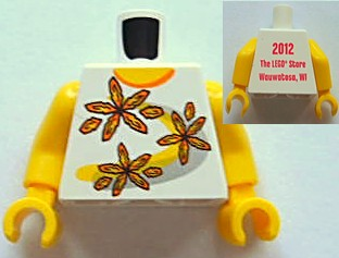 Torso Shirt with Orange Collar and 3 Flowers over Yellow and Silver Curved Stripes, '2012 The LEGO Store Wauwatosa, WI' on Back Pattern / Yellow Arms / Yellow Hands