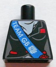 Torso Female Equestrian Jacket with Red Pockets, Button and Patch over White Shirt, Blue Sash with 'TEAM GB' and Lion Head Logo Pattern