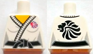 Torso Female Judo Uniform Jacket with Stitching on Hem and Blue and Red Team GB Logo, Black Belt with Knot, Yellow Neck, Lion Head on Back Pattern