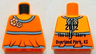 Torso Halter Top with Medium Blue Trim and Flowers, Yellow Neck, '2012 The LEGO Store Overland Park, KS' on Back Pattern