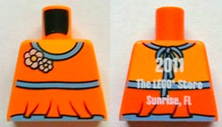 Torso Halter Top with Medium Blue Trim and Flowers, Yellow Neck, '2011 The LEGO Store Sunrise, FL' on Back Pattern