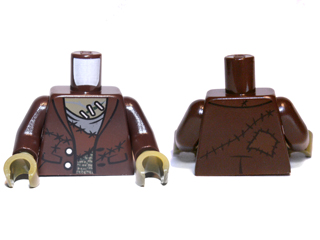 Torso Monster Fighters Monster with Stapled Olive Green Skin and Stitched Vest Pattern / Dark Brown Arms / Olive Green Hands