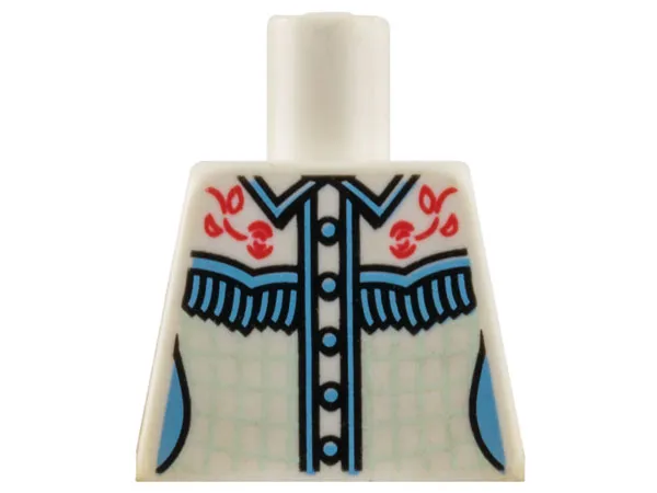 Torso Female Western Shirt with Medium Blue Buttons, Fringe, and Trim, Light Aqua Grid, and Stitched Red Roses Pattern