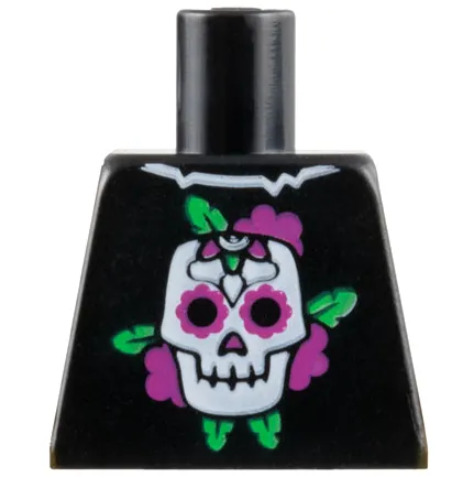 Torso Shirt with Torn Collar, White Skull, Dark Pink Flowers, and Bright Green Leaves Pattern