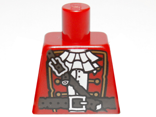 Torso Pirate Captain Jacket Open with Gold Trim over White Shirt with Neck Ruffle, Dark Brown Belts with Silver Buckles Pattern