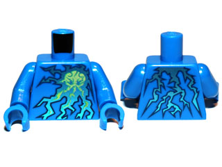 Torso with Ninjago Lightning Octopus Symbol on Dark Blue, Metallic Cyan and Neon Green Electricity Energy Pattern / Blue Arms / Blue Hands