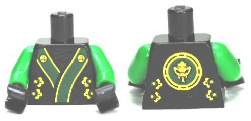 Torso Ninjago Robe with Green and Gold Sash Pattern / Green Arms / Black Hands